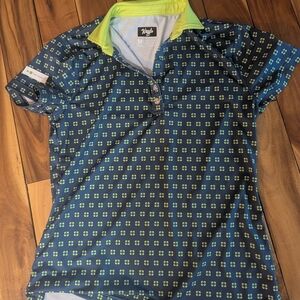Waggle Women's Golf Navy and Green Patterned Polo Shirt